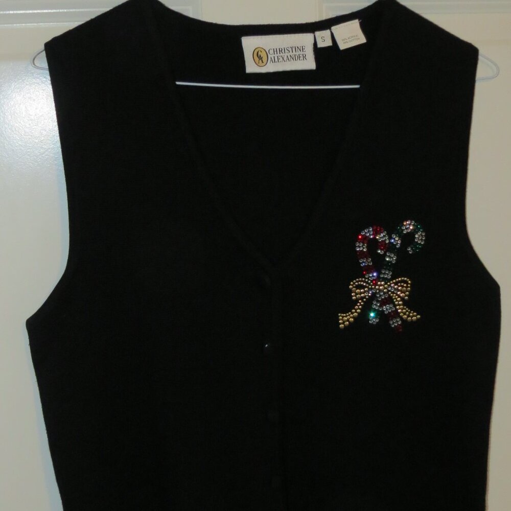 Women's Christine Alexander Button Front Sweater Vest Beaded Candy Canes